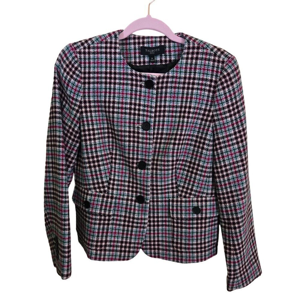 Talbots NWT Green Red Black White Plaid 4 Button Flap Pocket Wool Blend Blazer S